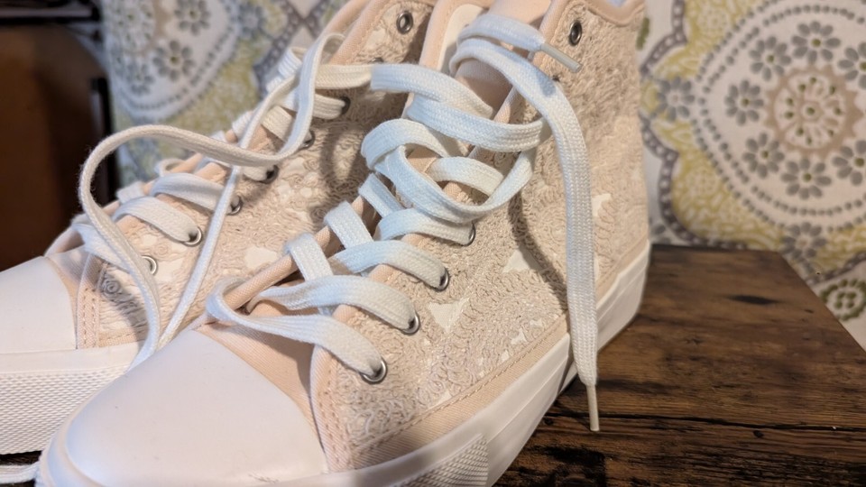 American Eagle Womens High Top Sneaker, Lace Up with Lace , Cream