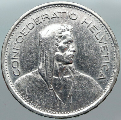 1954 B Switzerland Founding HERO WILLIAM TELL 5 Francs Silver