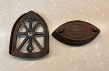 VINTAGE CAST IRON SAD IRON AND FOOTED TRIVET G. H. OBER SIZE 1