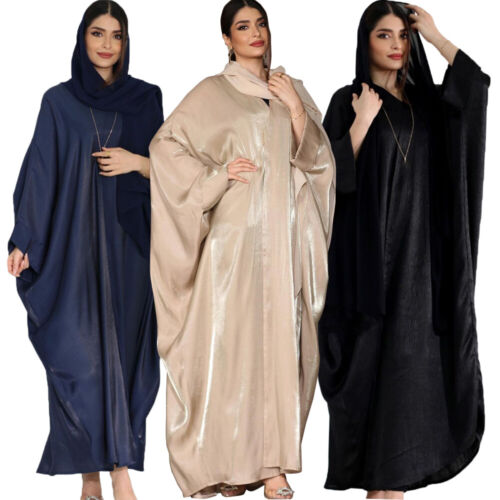 Muslim Satin Open Kaftan Abaya Women Kimono Loose Robe Abaya Cardigan Dress - Picture 1 of 36