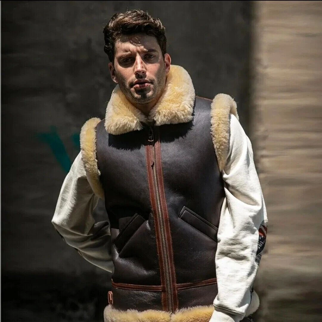 Men's Vintage B3 Aviator Pilot Bomber Genuine Sheep Leather Vest Shearling Vest