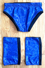 Men's Pro Wrestling Gear Set Blue Holo Front/Black Back Trunks & Pads Sz S 30&ndash;32