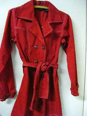 Vintage Dizzy Lizzy Y2K Red Cotton Trench Belted Coat Med Dbl Breasted 1990s