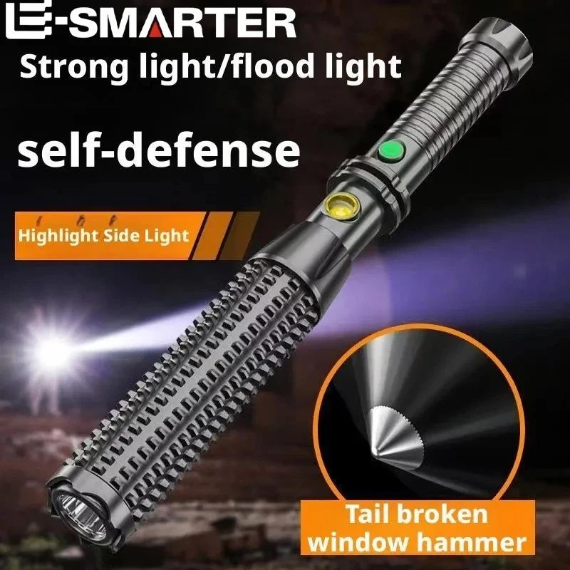 Rechargeable Tactical Flashlight Long Handle Self Defense Torch Window Breaker