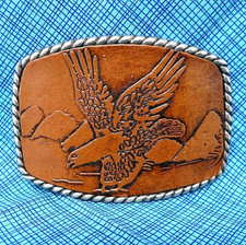 Western Eagle Belt Buckle Leather Inlay on Silver Tone Metal Vintage 80s .CVB004