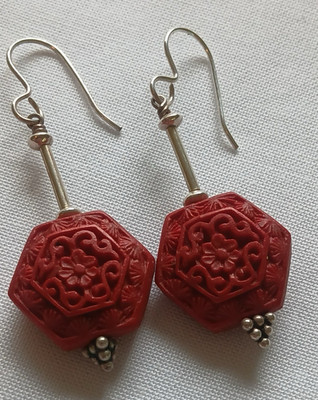 Vintage Earrings Red Carved  Lacquer Bead Dangle Silver Tone Accents