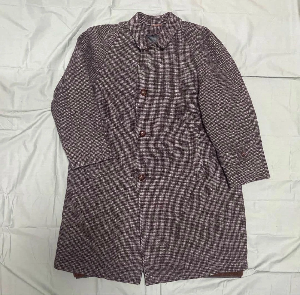 Harris Tweed 60s Men's Tweed Check Raglan Long Overcoat Removable Liner Brown - Image 3 of 4