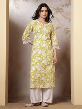 Indian Women Bollywood Lime Green Cotton Floral Printed Kurta Kurti Tunic Dress