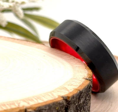 8mm Black & Red Tungsten Ring Brushed Polished Finish Band For Christmas Gifts