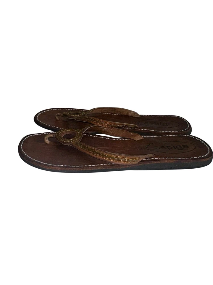 Sandalias chanclas Aspiga para mujer de cuero con cuentas talla 38 o 7,5 marrón Foto 4 de 4