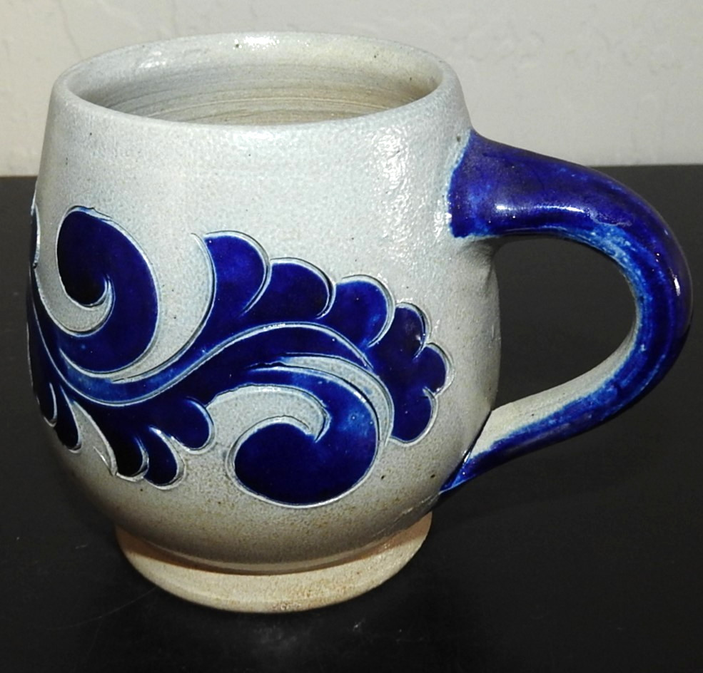 Vintage Handarbeit German Salt Glaze Pottery Coffee Mug Cobalt Blue Scroll