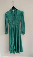Asos Dress Green Satin Midi Dress Ruffle Tie Neck UK 8