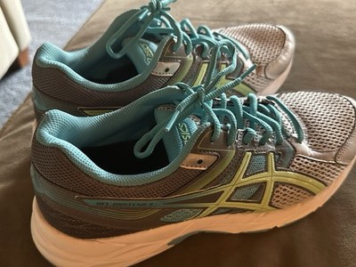 Men's Asics tennis shoes size 10, teal , lime green, worn once, great deal