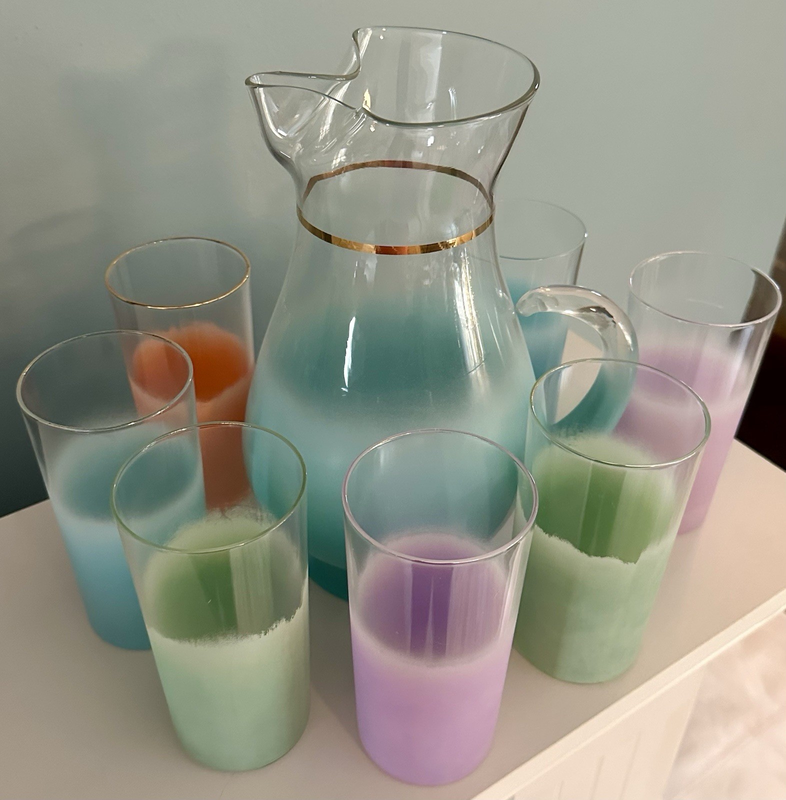 Blendo MCM Turquoise Pitcher + 7 Glasses Frosted Pastel Colors Great Condition