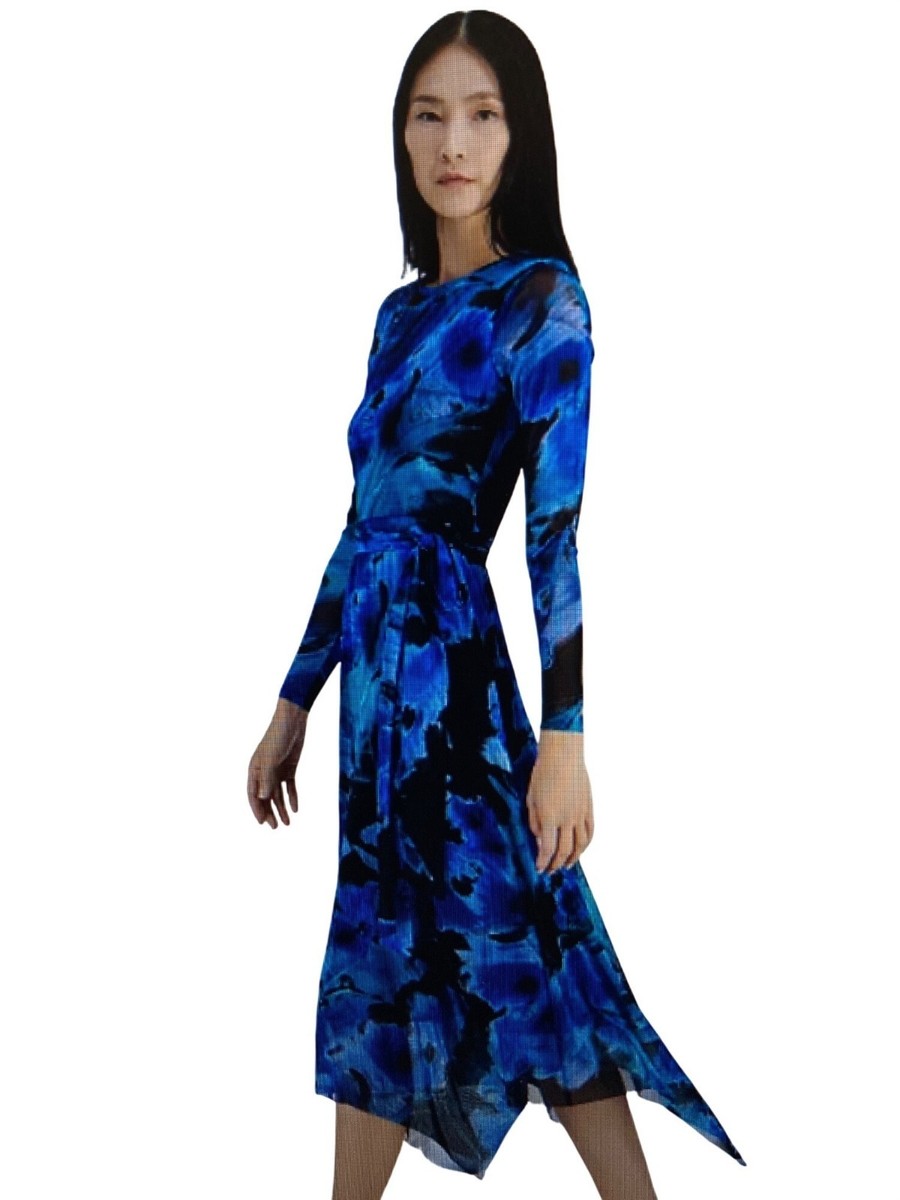 Anne Klein Blue Black Printed Handkerchief-Hem Midi Dress Large NWT | eBay