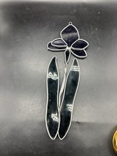 Vintage Stained Glass Suncatcher Iris Flower Purple Green 10  X 4  AS IS