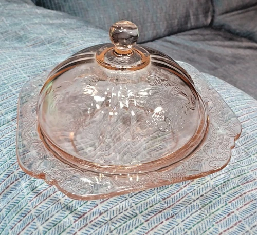 Vintage Federal Pink Glass Madrid Square Bowl with Domed Lid Cheese Butter Dish