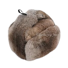 Mens 100% Rabbit Fur Trapper Hat Russian Winter Ushanka Aviator Hat Earflap