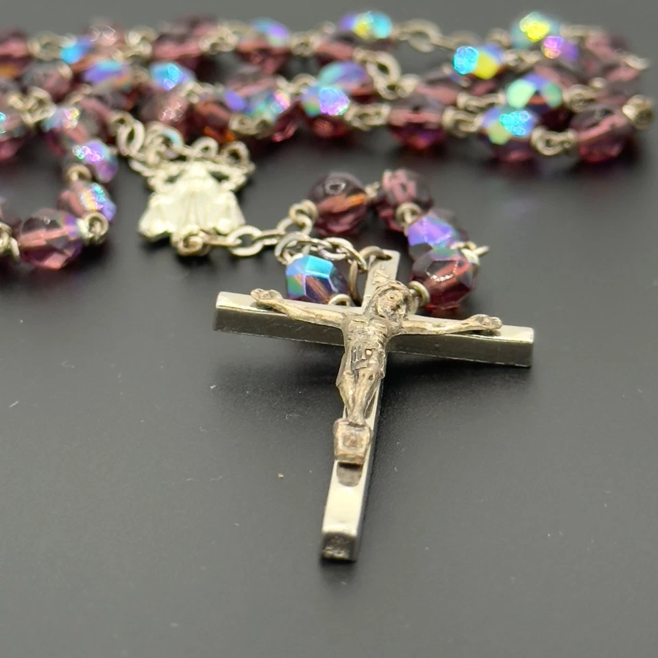 Cuentas Rosario Cristal Aurora Boreal Púrpura Amatista De Colección María Católica Foto 2 de 4