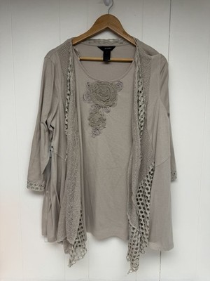 Ali Miles Tunic Top Womens XL Beige Mixed Media Layered Boho Artsy Long Sleeve