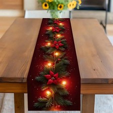 Christmas Table Runner - Red  Green Pine Branches With Twinkling Lights,