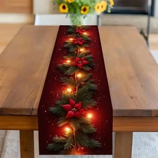 Christmas Table Runner - Red & Green Pine Branches With Twinkling Lights,