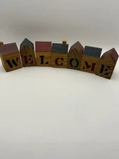 Vtg Primitive Welcome Blocks Handmade Country Rustic Farmhouse House of Lloyd