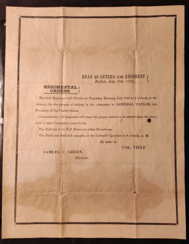 Buffalo NY 65th Regiment Zachary Taylor Death Parade Orders Military Letter 1850