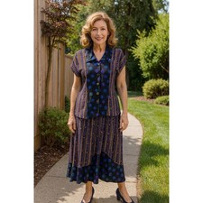 Componix 2 Piece Button Up Top Skirt Ethnic Pattern Sz 6  4 Glass Buttons Art