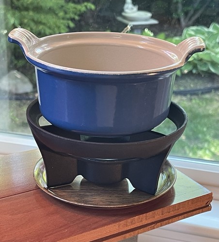 Vtg Le Creuset Royal Blue Enameled Cast Iron Fondue Pot w/Stand & Base France