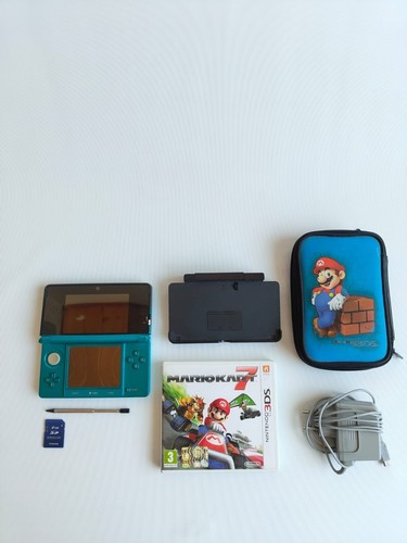Nintendo 3DS Acquablue + Mario Kart 7 | Batteria NUOVA | Dock, SD, Custodia-Test