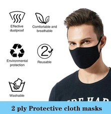 10PCS Black Cotton 2-Ply Reusable Face Mask Unisex Breathable Washable Cloth Set