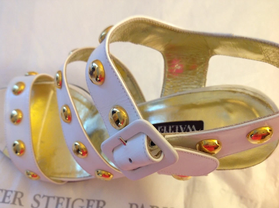 Sandalias de diseñador Walter Steiger de cuero con tacón de pantorrilla blancas 6,5B Italia Foto 4 de 4