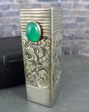 Vintage Signed Peruzzi Brothers Italian 800 Silver Green Stone Lipstick Case