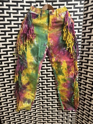Daisy High Rise Distressed Destroyed Denim Jeans Fringe Trim Womens Small Tiedye
