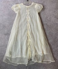 Vintage Ivory Lace Long Sheer Gown Robe Pearl Buttons  Puff Sleeves