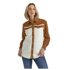 Wrangler Retro Women's Long Sleeve Sherpa Snap Shacket Shirt Jacket White/Brown
