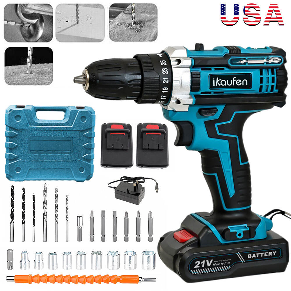 21V Brushless Heavy Duty Cordless Drill Impact Driver Kit Hammer +2 Battery Set