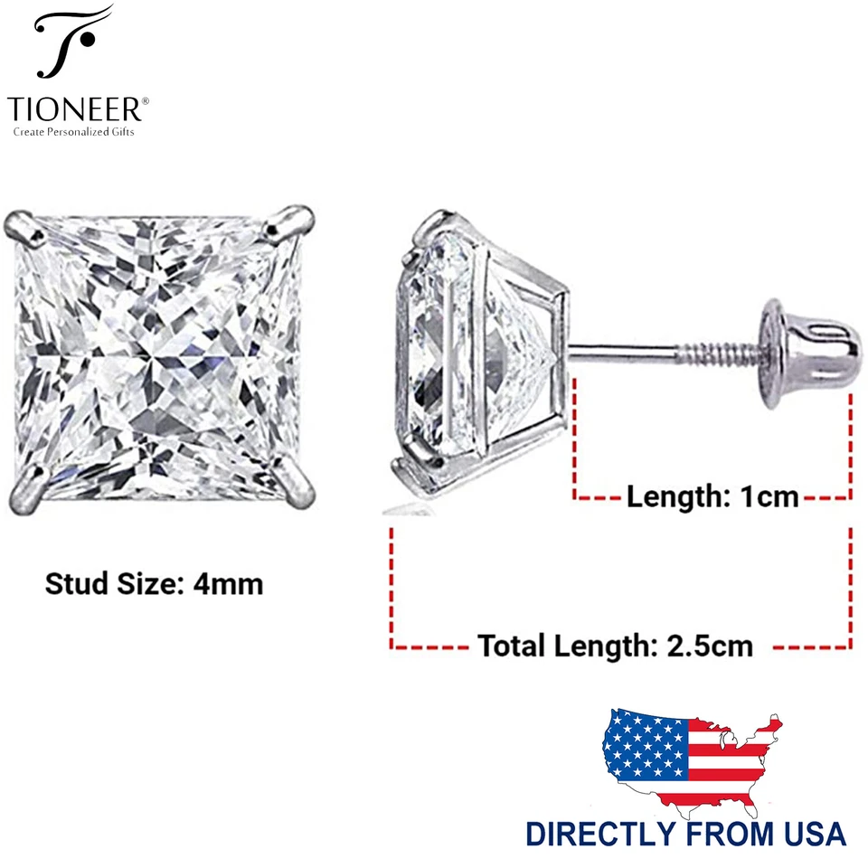 14K白金方形公主切割立方氧化锆螺丝背耳钉耳环 — 第 2/4 张图片