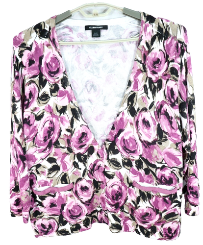 ELLEN TRACY Women's Viscose Cashmere Cardigan Sweater Pocket Floral Size XL