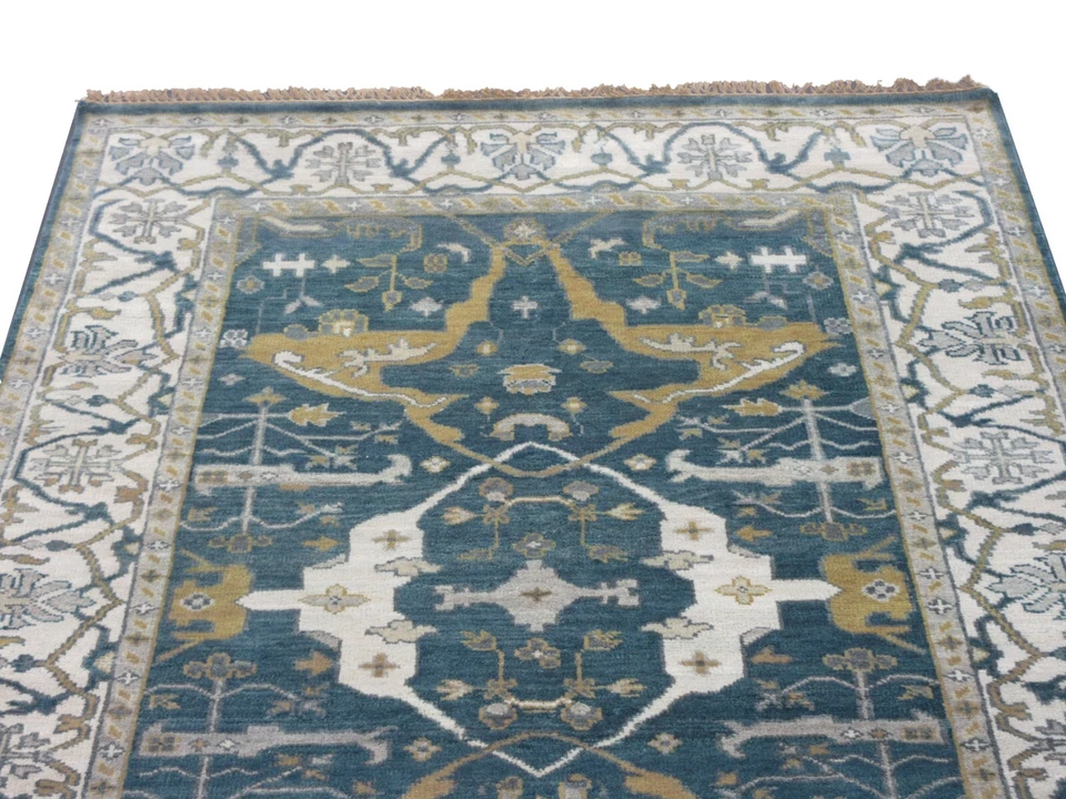 Tapete de área oriental 6X9 azul Oushak com nós à mão lã (6' X 8'11") - Imagem 2 de 4