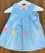 Vintage Blue Pleated Baby Summer Dress Girls Cotton Hand Made Fishes 3