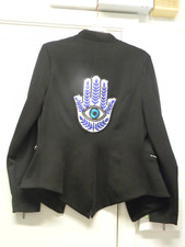 Mark Zunino Wmn's Sz 14 Black Jacket, Zipper Detailing, W/ Hand Of God On Back