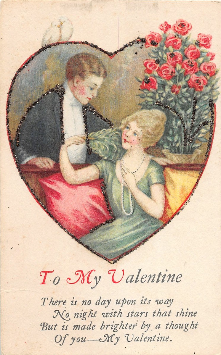 ♡出品 H66/ Valentine's Day Love Holiday Postcard c1910 Glitter Heart Man