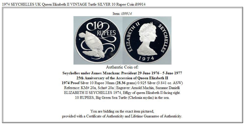 1974 SEYCHELLES UK Queen Elizabeth II VINTAGE Turtle SILVER 10