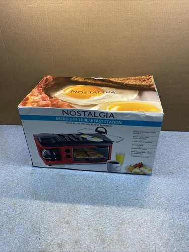 Nostalgia 3-in-1 Breakfast Station - Includes Coffee Maker, Non-Stick Red DORM