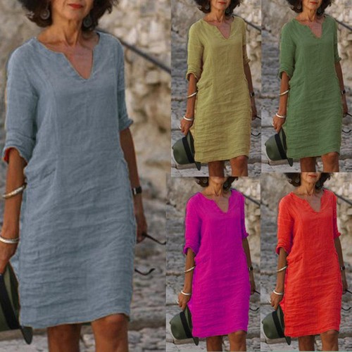 Damen Kurz Ärmel Baumwolle Leinen Midi Kleid Damen Solid V Ausschnitt B * 〒