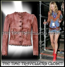 Topshop Kate Moss Rare Distressed Tan Leather Cutwork Scalloped Jacket Uk 10 38