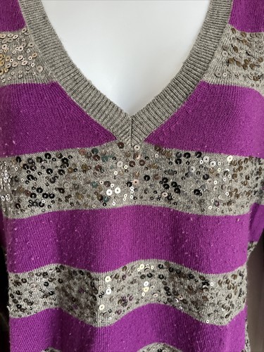 NEW YORK & COMPANY Size M Sequined Gray Purple Stripe V-neck Sweater Tight Fit - Picture 2 of 5