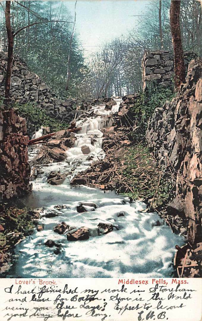 c1905 Lovers Brook Middlesex Fells Scene Waterfall MA P67